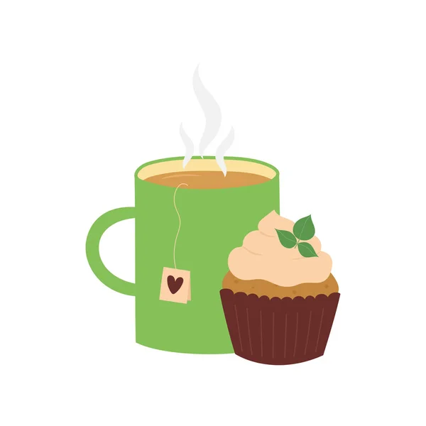 生クリームとお茶とカップケーキの緑のカップ 手描きのフラットスタイルのデザイン 分離ベクトル図 — ストックベクタ