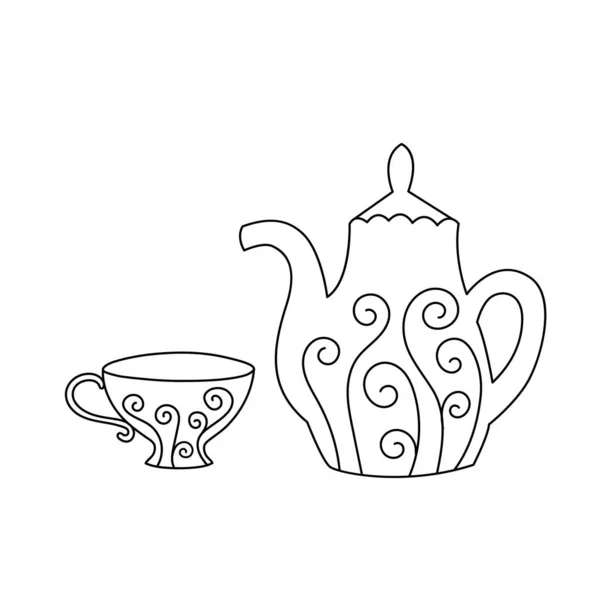 Çizgili Bardak Çaydanlık Çay Kahve Için Mutfak Gereçleri Çizimi Karalama — Stok Vektör