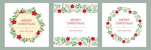 Conjunto Feriados Cartões Saudação Com Ornamentos Florais Natal Molduras Galhos — Vetor de Stock