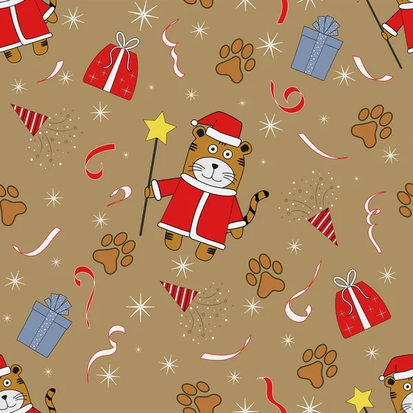 Seamless pattern with a tiger in a Santa costume — Wektor stockowy