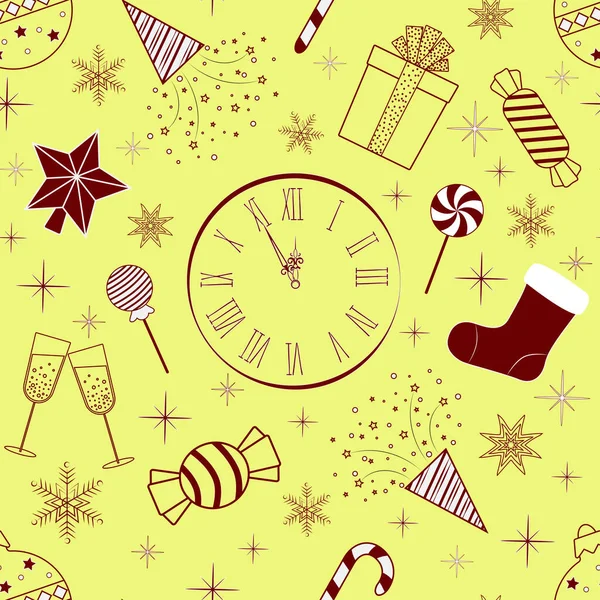 Seamless pattern a group of New Year illustrations on a yellow background — Wektor stockowy