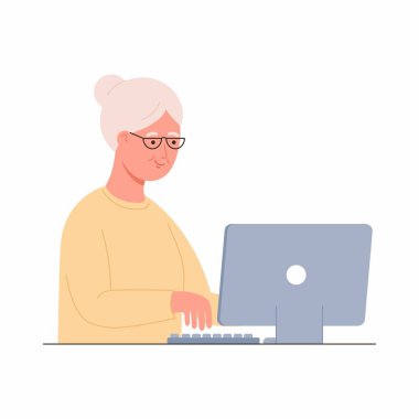 Laptop bilgisayarında çalışan yaşlı bir kadın. Çevrimiçi eğitim, web kursları, modern teknolojiler ve yaşlılık konsepti. Beyaz arkaplanda düz biçimdeki vektör illüstrasyonu