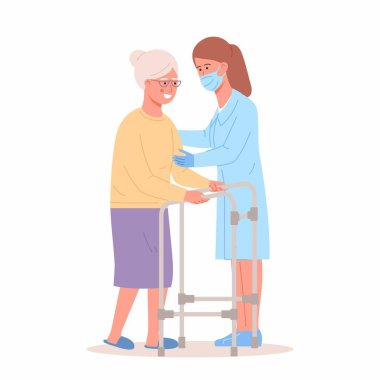 Hemşire yaşlı hastaya yürüteçle yardım ediyor. Ortopedik terapi rehabilitasyonundaki insanlar. Özürlülerle çalışan terapist, fiziksel aktiviteleri iyileştiren, fizyoterapi yapan. Doktor ve yaşlı kadın.