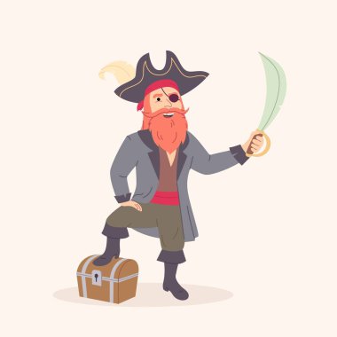 Eski hazine sandığı ve kılıcı olan yaşlı bir korsan çizgi film karakteri. Beyaz arka planda izole edilmiş düz vektör çizimi..