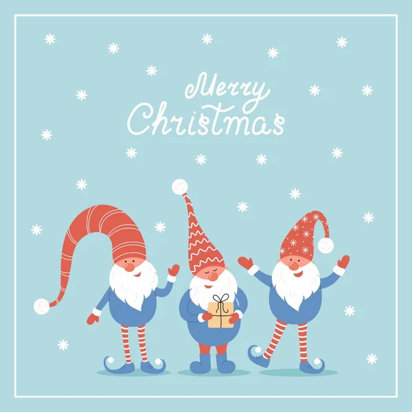 Καλά Χριστούγεννα Ταχυδρομική Κάρτα Three Vector Christmas Cute Gnomes Κόκκινα — Διανυσματικό Αρχείο