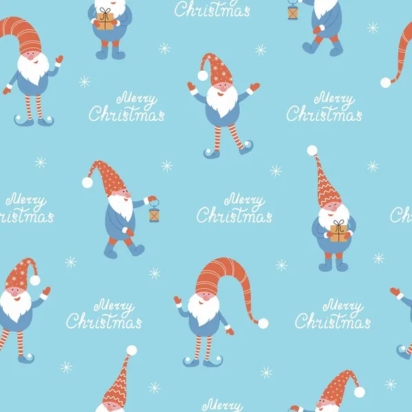 Şirin noel cüceleri ve mutlu noel mektupları. Kırmızı şapkalı cücelerle vektör illüstrasyonu ve Mutlu Noeller metni. Tekstil baskıları, çocuk tasarımı, dekor, ambalaj için mükemmel..