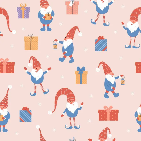 Niedliche Weihnachtszwerge Und Geschenke Nahtlose Muster Vektorillustration Mit Gnomen Roten — Stockvektor