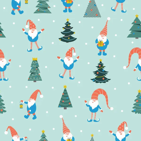 Yeşil arka planda şirin noel cüceleri kusursuz desen. Kırmızı şapkalı cücelerin ve Noel ağacının vektör çizimi. Tekstil baskıları, çocuk tasarımı, dekor, ambalaj için mükemmel..