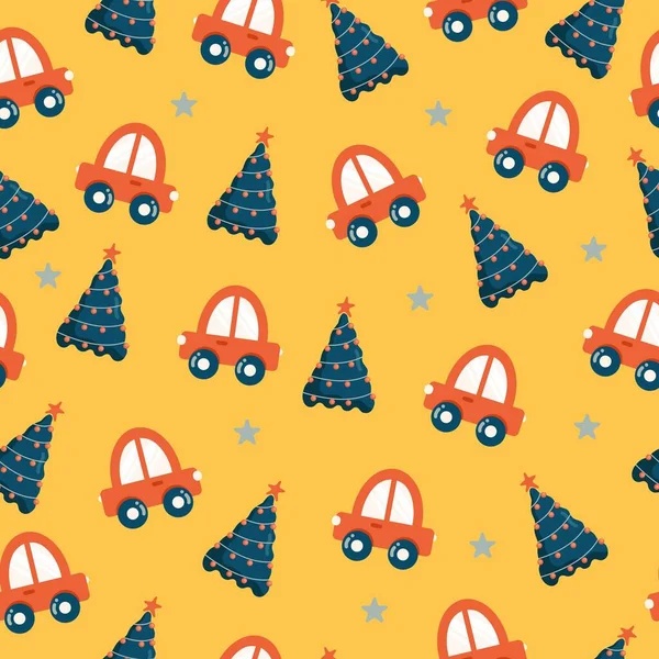 Arabaların, Noel ağaçlarının ve yıldızların olduğu kusursuz bir Noel deseni. Paket kağıdı, kumaş baskısı, tebrik kartı tasarımı için vektör arkaplanı