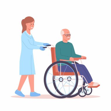Yaşlılar destek oluyor. Tekerlekli sandalyedeki yaşlı adamın vektör çizimi ve ona yardım eden bir hemşire. Beyazda izole edilmiş.