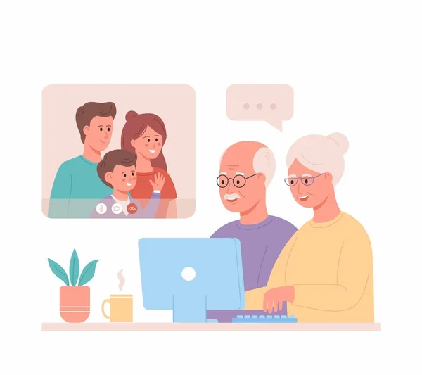 Großeltern Rufen Eltern Und Kleinen Sohn Vom Laptop Aus Online — Stockvektor