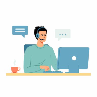 Müşteri hizmetleri. Kulaklıklı bir adam ve bilgisayarlı bir mikrofon. Destek için illüstrasyon, çağrı merkezi, çevrimiçi destek, 24 saat. 