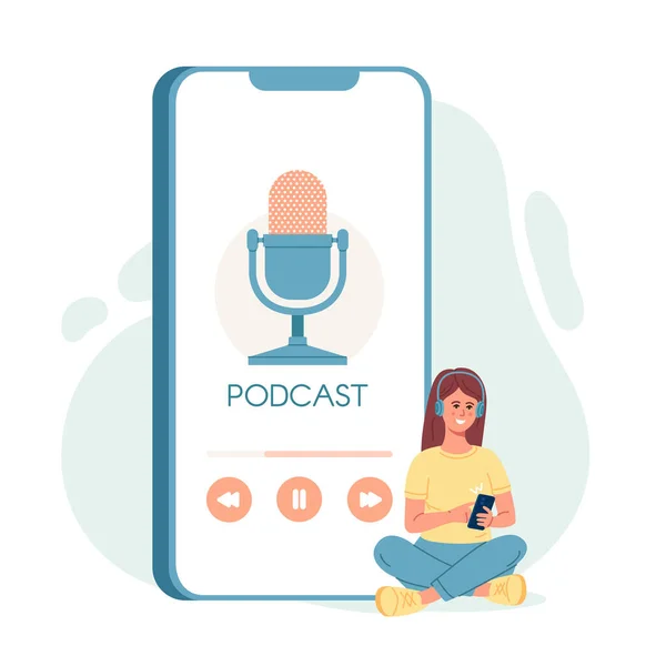 Mulher Ouvindo Podcast —  Vetores de Stock