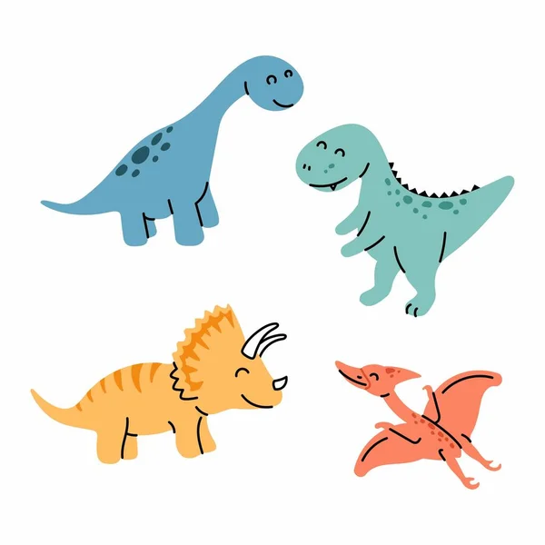 Cute Dinosaurs Doodles Set Scandinavian Style Funny Cartoon Dinos Hand — Stock Vector