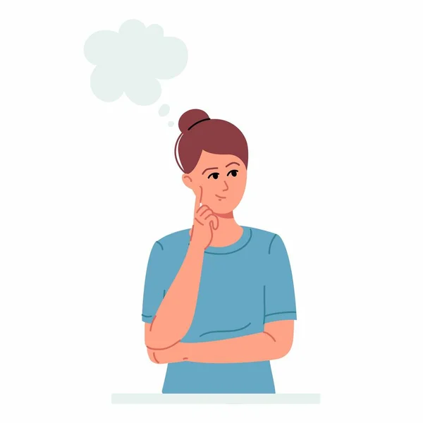 Genç kadın çizgi film karakteri gülümsüyor ve parmaklarına dokunurken düşünce baloncuğuyla bir şeyler düşünüyor. Düz tasarım.