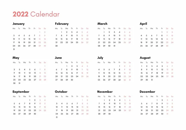 Calendario Bolsillo 2022 Año Vista Horizontal Semana Comienza Lunes Calendario — Vector de stock