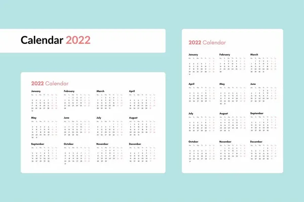 Calendario Bolsillo 2022 Año Vista Horizontal Vertical Semana Comienza Lunes — Vector de stock