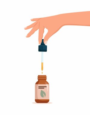 Kadın El Tutma Pipette, esaslı yağlı ve Düşürme Şişesi 'nde Düşen Yağ, Beyaz Arkaplan' da izole edilmiş. Vektör İllüstrasyonu