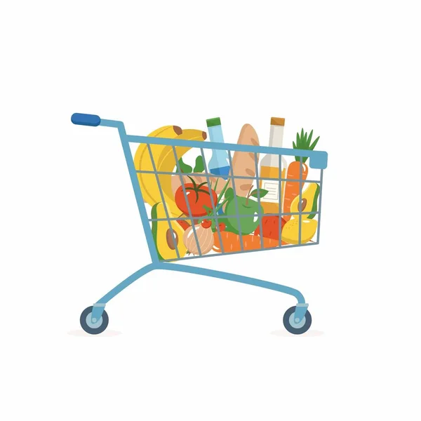 Carro Compras Completo Tienda Comida Supermercado Conjunto Productos Frescos Saludables — Vector de stock