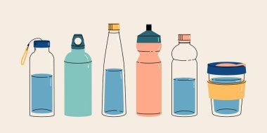 Su şişeni al. Yenilenebilir cam, plastik ya da metal şişeler. Moda tarzında vektör illüstrasyonu. Sıfır atık kavramı, makul tüketim, sıfır plastik.