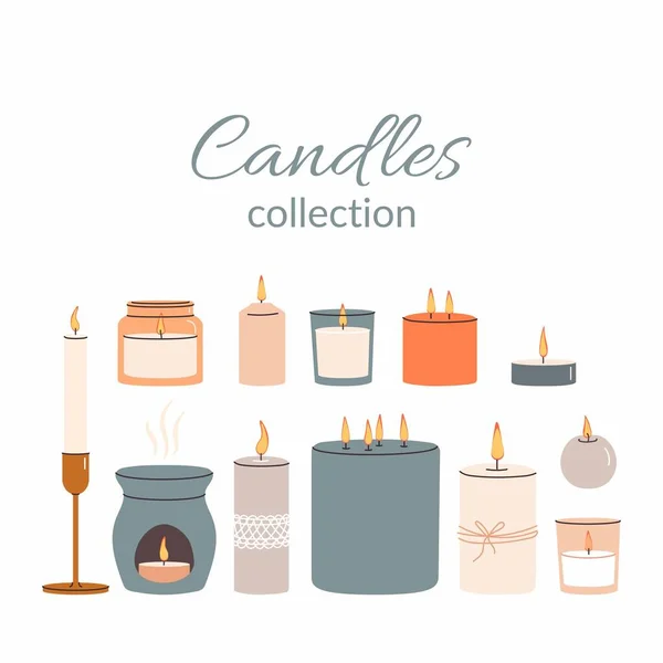 Various Candles set. Different shapes and sizes. Pillar, jar candle, candlestick, circle candle, multi wick. Decorative wax candles for relax and spa. Hand drawn Vector set