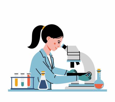 Laboratuvarda mikroskop kullanan ve kimyasal araştırma, mikrobiyolojik analiz ya da tıbbi test yapan kadın doktor ya da bilim araştırmacısı. Vektör illüstrasyonu