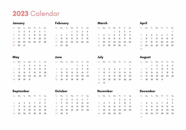 Calendario Bolsillo 2023 Año Vista Horizontal Semana Comienza Domingo Calendario — Vector de stock