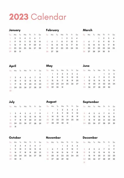 Calendario Bolsillo 2023 Año Vista Vertical Semana Comienza Domingo Calendario — Vector de stock