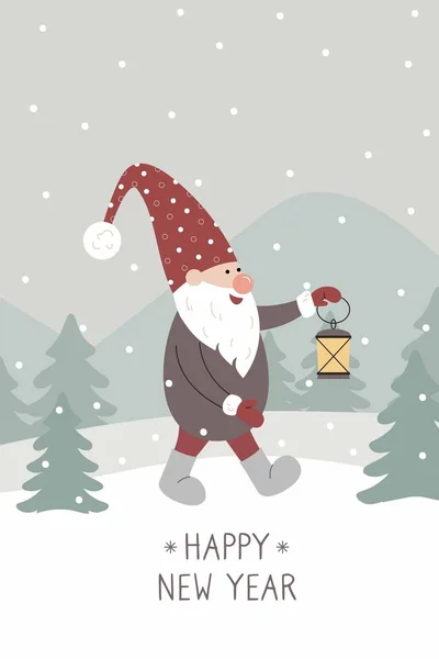 Szczęśliwego Nowego Roku Kartka Życzeniami Boże Narodzenie Słodkie Szwedzki Gnome — Wektor stockowy