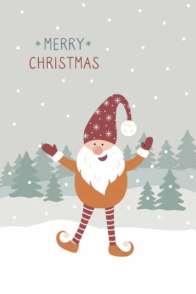 Mutlu Noeller tebrik kartı. Kırmızı Noel Baba şapkalı şirin İsveç cücesi el sallıyor. Poster, afiş, kartpostal, el ilanı, hediye etiketleri ve etiketler için İskandinav tasarım unsuru. Çizgi film tarzında vektör illüstrasyonu.