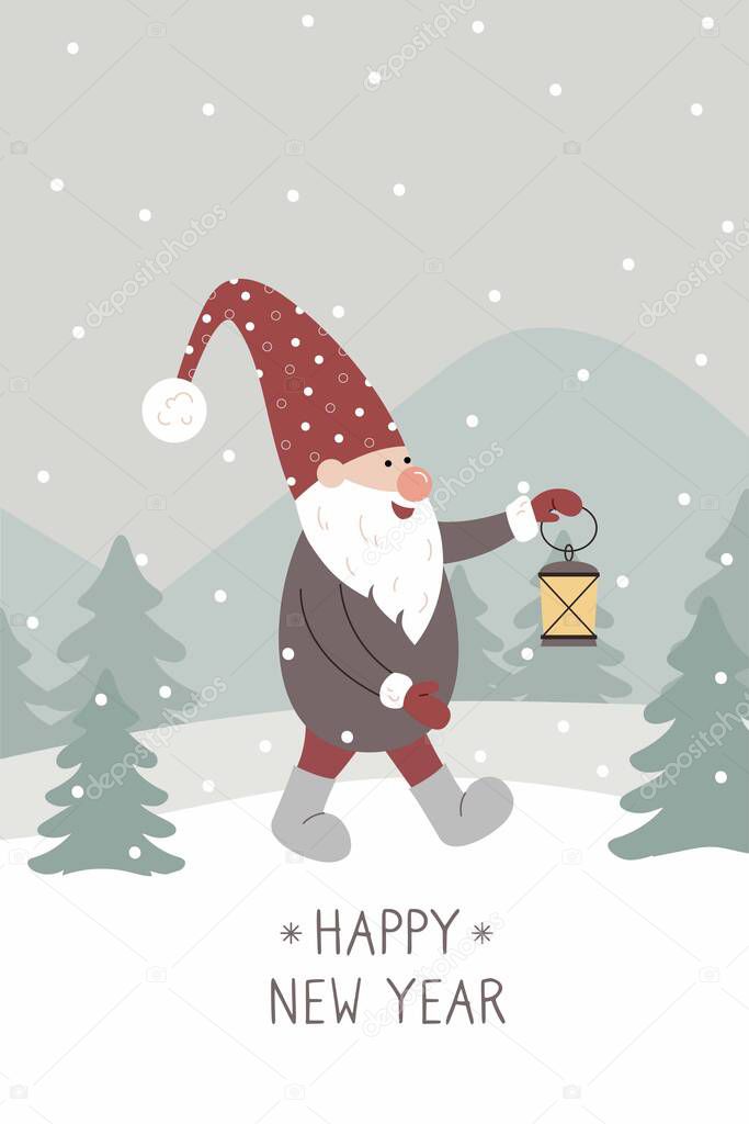 Happy New Year greeting card. Christmas cute swedish gnome in red santa hat walking in snow forest with lamp. Scandinavian design element for poster, banner, postcard, flyer, gift tags and labels. Vector illustration in cartoon style.