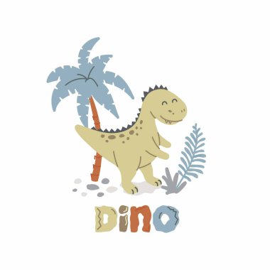 Bebek odası, bebek partisi, tebrik kartı, çocuklar ve bebek tişörtleri için küçük dinozor vektör baskıları olan şirin bir poster. İskandinav tarzı