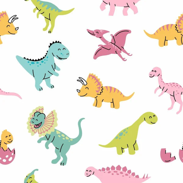 Modèle Sans Couture Avec Des Dinosaures Dessinés Main Dans Style — Image vectorielle