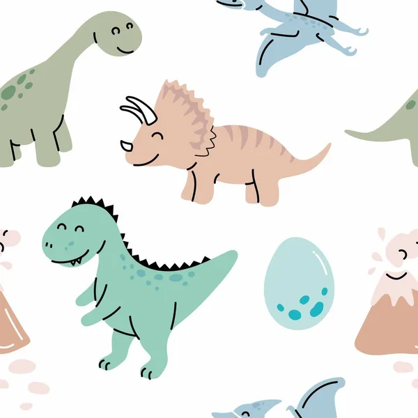Nahtloses Muster Mit Handgezeichneten Dinosauriern Skandinavischen Stil Kreativer Vektor Trendiger — Stockvektor