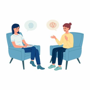 Psychotherapy concept. Woman sitting in armchair and talking with psychologist. Psychologist and patient with tangled and untangled mind metaphor, doctor solving psychological problems, couch consultation, mental health treatment flat vector illustra