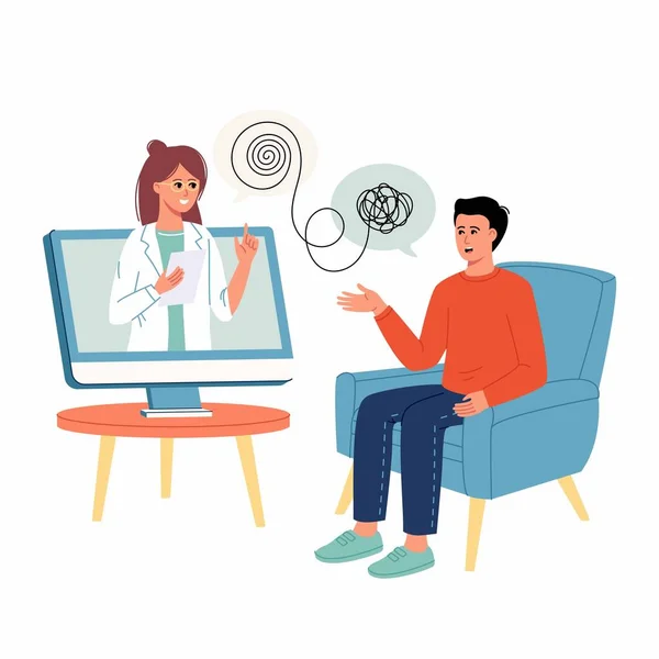 Psikolog doktor çevrimiçi danışmanlık. Psikoterapi uygulaması, psikolojik yardım, hasta adama danışan psikiyatrist kadın. Psikoloji. Moda düz çizgi film tarzı. Beyaz arkaplanda vektör illüstrasyonu
