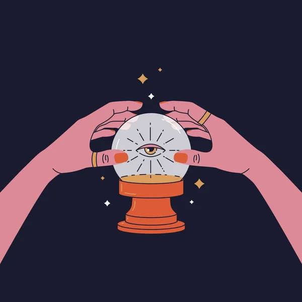 Kaderin gözüyle sihirli kristal küre falcının elinde. Boho şık çizgi sanat dövmesi, poster veya sunak peçesi baskı tasarım vektörü renk çizimi