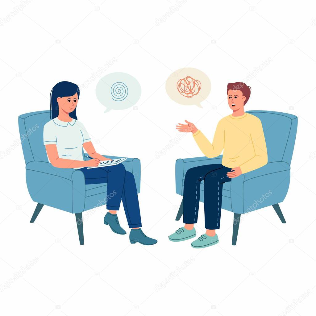 Psychologist doctor consultation. Psychotherapy practice, psychological help, psychiatrist woman consulting patient man. Psychology. Trendy flat cartoon style. Vector illustration on white background