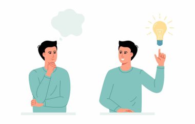 Erkekler düşünce baloncuğu sembolü ve ampulü işaret eden mutlu bir adamın düşünce balonunda çözümü ile düşünür. Modaya uygun düşünen, hareket eden ya da işaret parmağı gösteren biri. Çizgi film tarzında vektör illüstrasyonu.