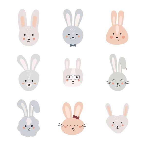 Set Cute Rabbits Funny Doodle Animals Little Bunny Cartoon Style —  Vetores de Stock