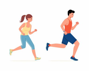 Beyaz arka planda koşan adam ve kadın. Hızlı koş. Maraton yarışı konsepti. Spor ve spor şablonu tasarımı ve düz stil koşucuları. Vektör illüstrasyonu