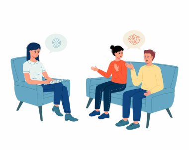 Psikolog ve profesyonel destek konsepti. Genç mutsuz çift: kadın ve erkek oturuyorlar, konuşuyorlar ve kadın psikolog tavsiyelerini dinliyorlar. vektör illüstrasyonu