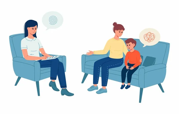 子供の心理学者のオフィスで母親と小さな息子 家族相談 心理学者と専門家のサポートコンセプト ベクターイラスト — ストックベクタ
