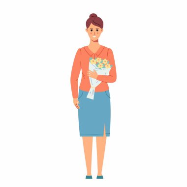 Elinde bir buket çiçek tutan tatlı bir kadın. İskandinav tarzında bahar tatili illüstrasyonu. Anneler Günü, Sevgililer Günü, 8 Mart Kadınlar Günü için pastel renklerin vektör konsepti.