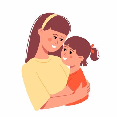 Anne kızını kucaklıyor, genç bir kadın ve küçük bir kız kucaklıyor, gülümseyen bir ebeveyn, mutlu bir annelik günü, anneler günü. Kadınsal mutluluk, ebeveyn bakımı ve aşk konsepti taslağı. El çizimi vektör illüstrasyonu
