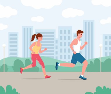 Running, jogging, exercise in the city park, flat illustration. Man and woman, couple, friends running together with cartoon trendy style. Training on the city, fresh area, outdoors. Fitness, strength training