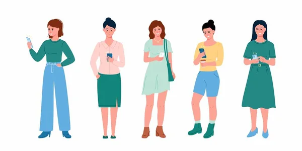 Young Women Looking Smartphones Chatting Happy Girls Talking Typing Phone — Stockvektor