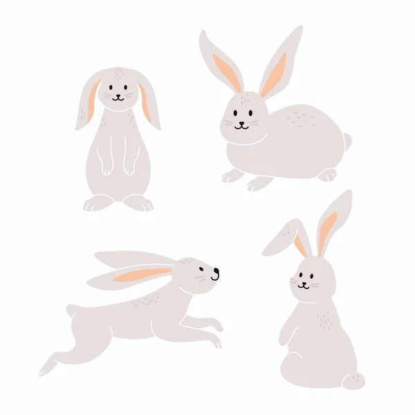 Cute Rabbits Various Poses Hand Drawn Vector Set Colored Version — стоковый вектор