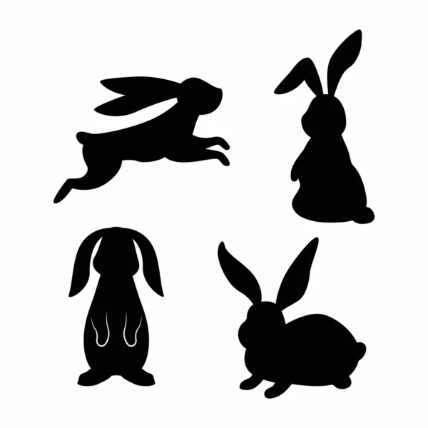 Bunny Vector Black Set Silhouettes Rabbits Different Poses Vector Isolated - Stok Vektor