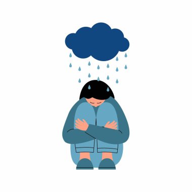 Sad and unhappy teenage girl, young woman sitting under rain, depression concept, flat isolated vector illustration. Depressed, unhappy girl, woman sitting under rain cloud